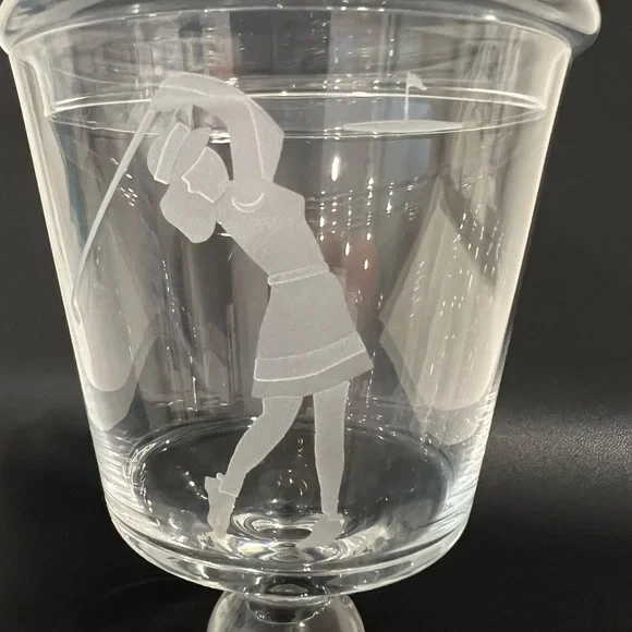 Vintage Woman Playing Golf Etched Art Glass Lidded Apothecary Candy Dish Rare - Picture 5 of 8